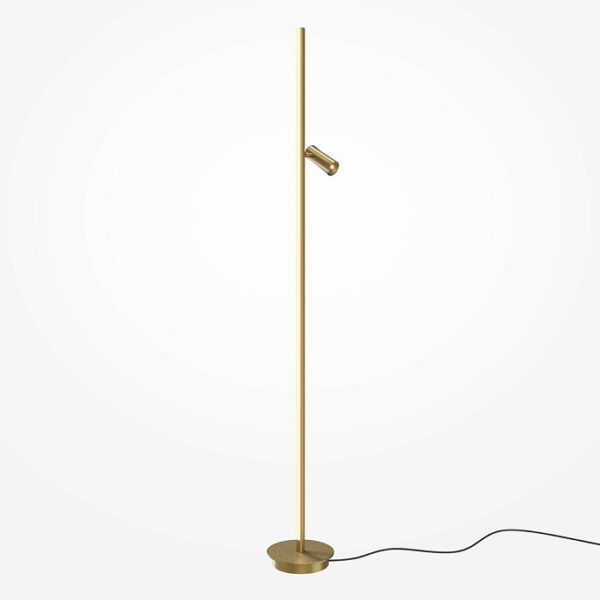 Lampadaire LED dimmable Thin de Maytoni en aluminium laiton brossé, idéal pour un salon moderne.