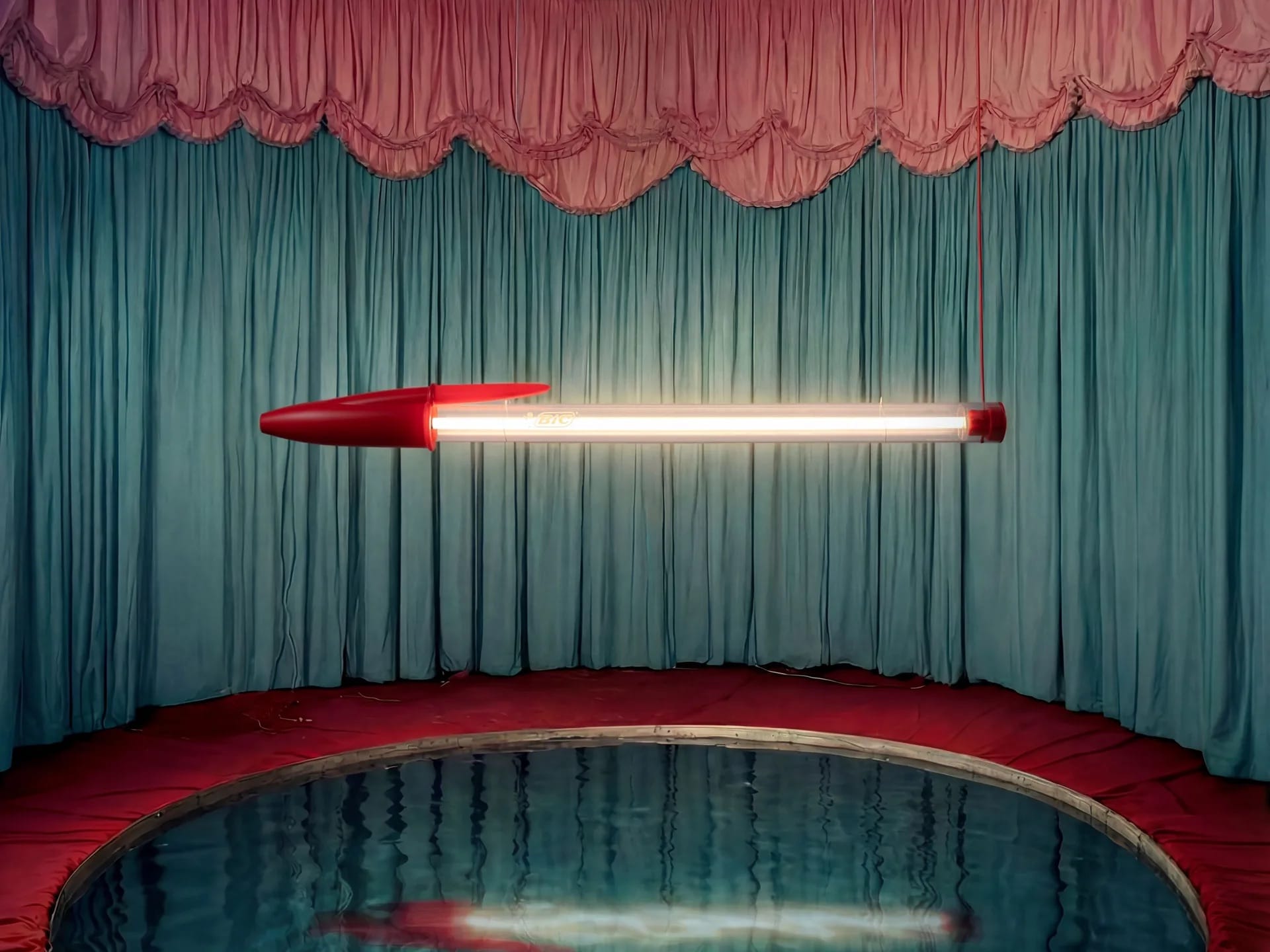 lampe bic rouge de la marque seletti dans un décor de théâtre