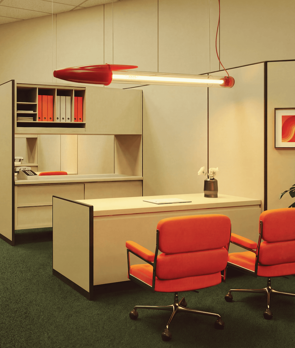 Lampe BIC – Seletti x BIC | Design Mario Paroli Lampe Bic rouge suspendu dans un bureau vintage