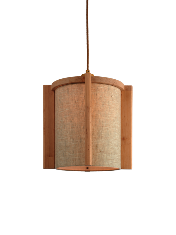 Suspension en bois d'aulne naturel et abat-jour en lin, style minimaliste et durable sur fond blanc.