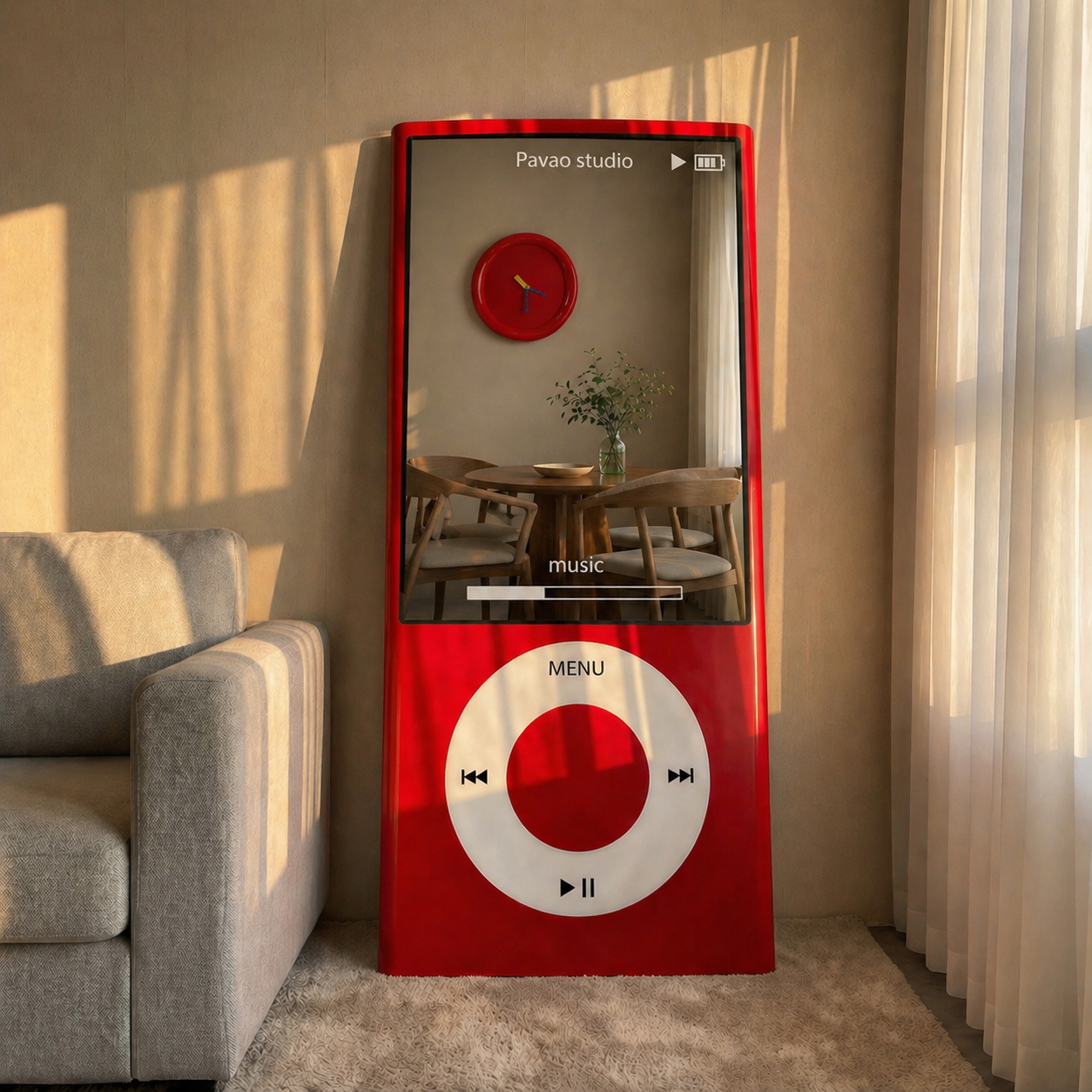 Miroir iPod Nano Géant – Miroir Original en Bois Massif Miroir original iPod Nano géant en bois massif rouge, posé contre un mur beige dans un salon ensoleillé, avec une molette Click Wheel détaillée et des reflets visibles.