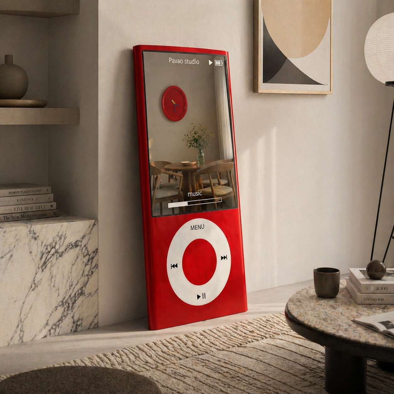 Miroir iPod Nano Géant – Miroir Original en Bois Massif Miroir original iPod Nano géant en bois massif rouge, posé contre un mur claire dans un salon au style contemporain