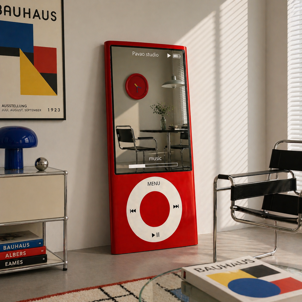 Miroir iPod Nano Géant – Miroir Original en Bois Massif Miroir original iPod Nano géant en bois massif rouge, posé contre un mur claire dans un salon au style bahaus