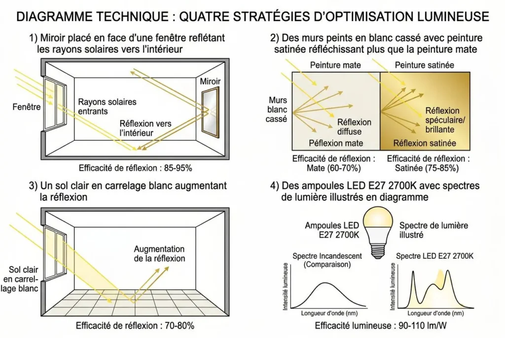 Comment bien éclairer une pièce: guide et conseils d'experts Diagramme technique sur l’optimisation lumineuse: comment bien éclairer une pièce, avec schémas d’éclairage et ampoules LED E27 2700K.