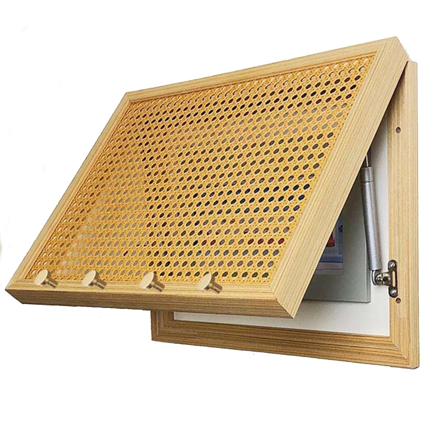Cache-compteur électrique cannage en bois massif clair et façade en cannage rotin, équipé de 4 crochets dorés.