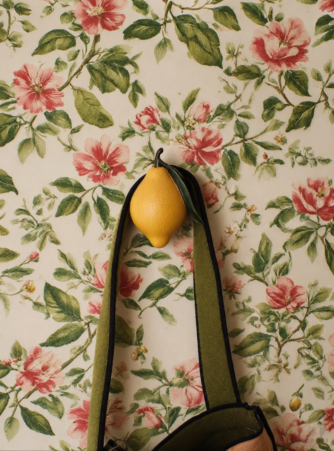 Patère murale fruit — pomme, fraise, citron en résine Patère citron sur papier peint fleuri