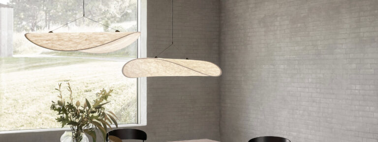 Suspension Tense en Tyvek par Panter et Tourron x New Works, exemple de style japonisant en éclairage