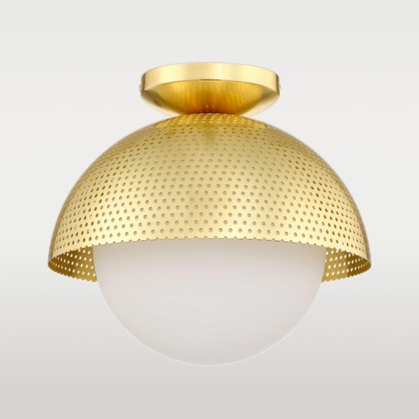 Luminaire laiton et cuivre : suspensions, appliques et lampes Plafonnier Modena — Dôme Laiton et Verre Opale en situation