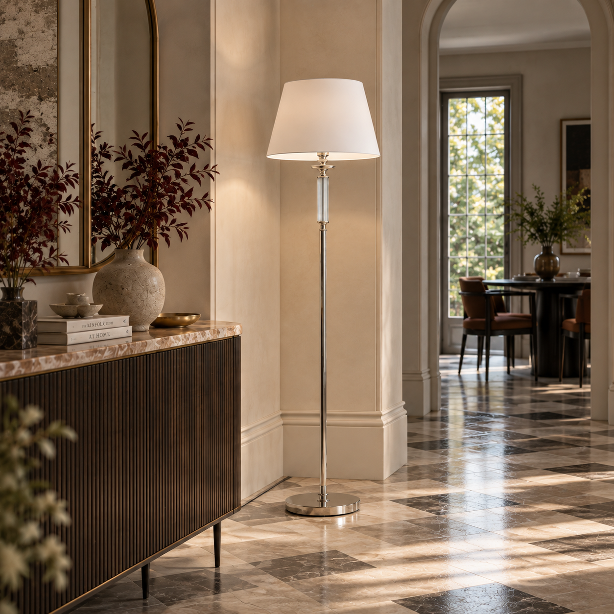 Lampadaire Siena — Nickel et Abat-Jour Blanc en situation
