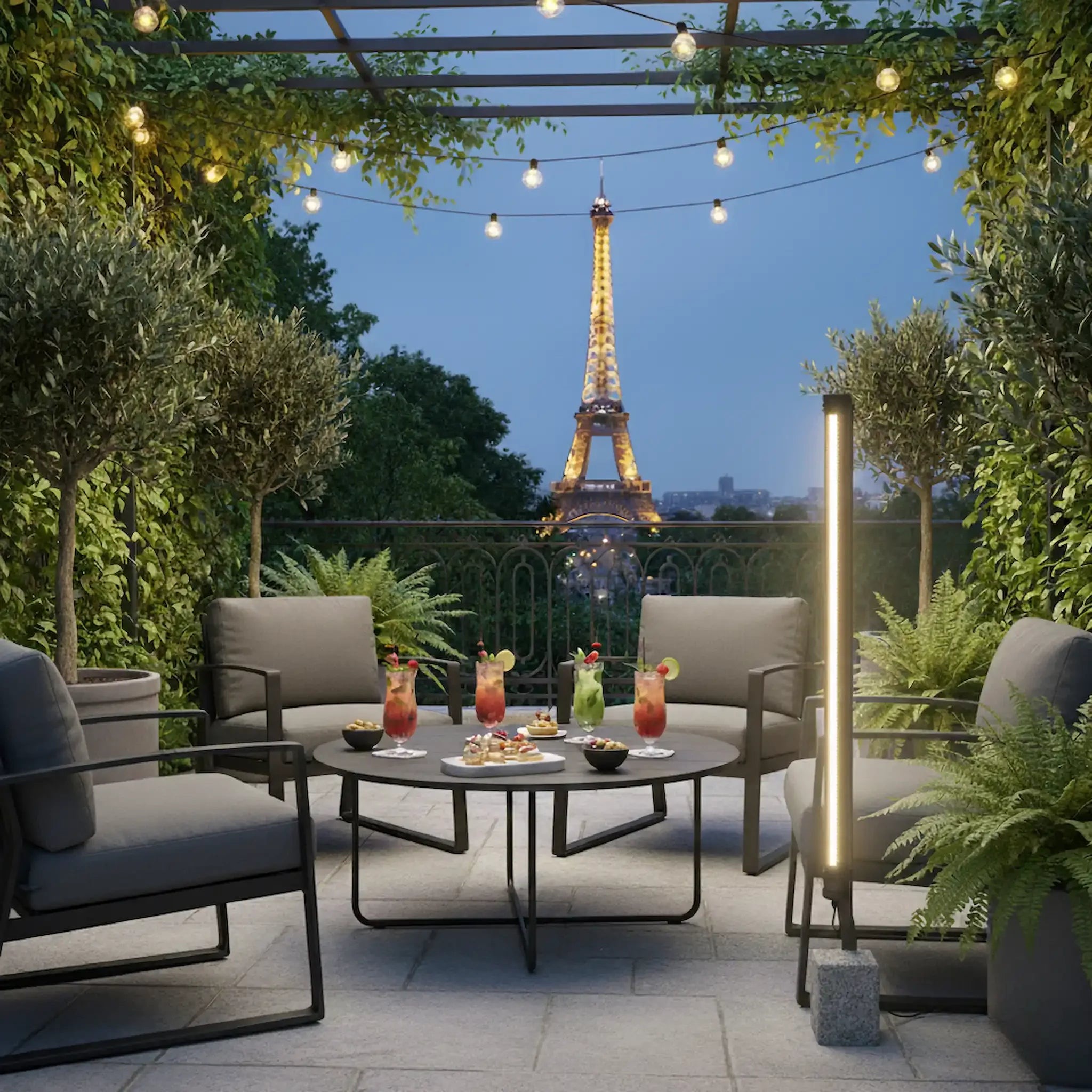 Fournisseur luminaires hôtel : comment bien choisir ? lampadaire industriel Lukas Elements Lighting en situation terrasse