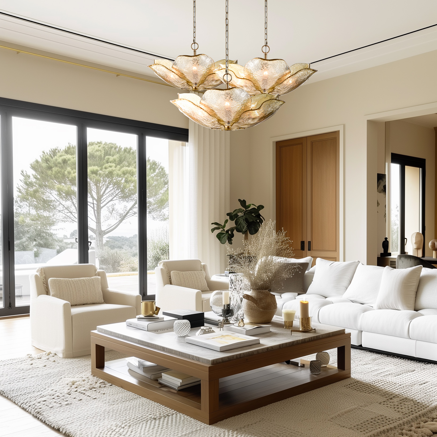 Suspension fleur en verre ambré Wellington en situation dans un salon