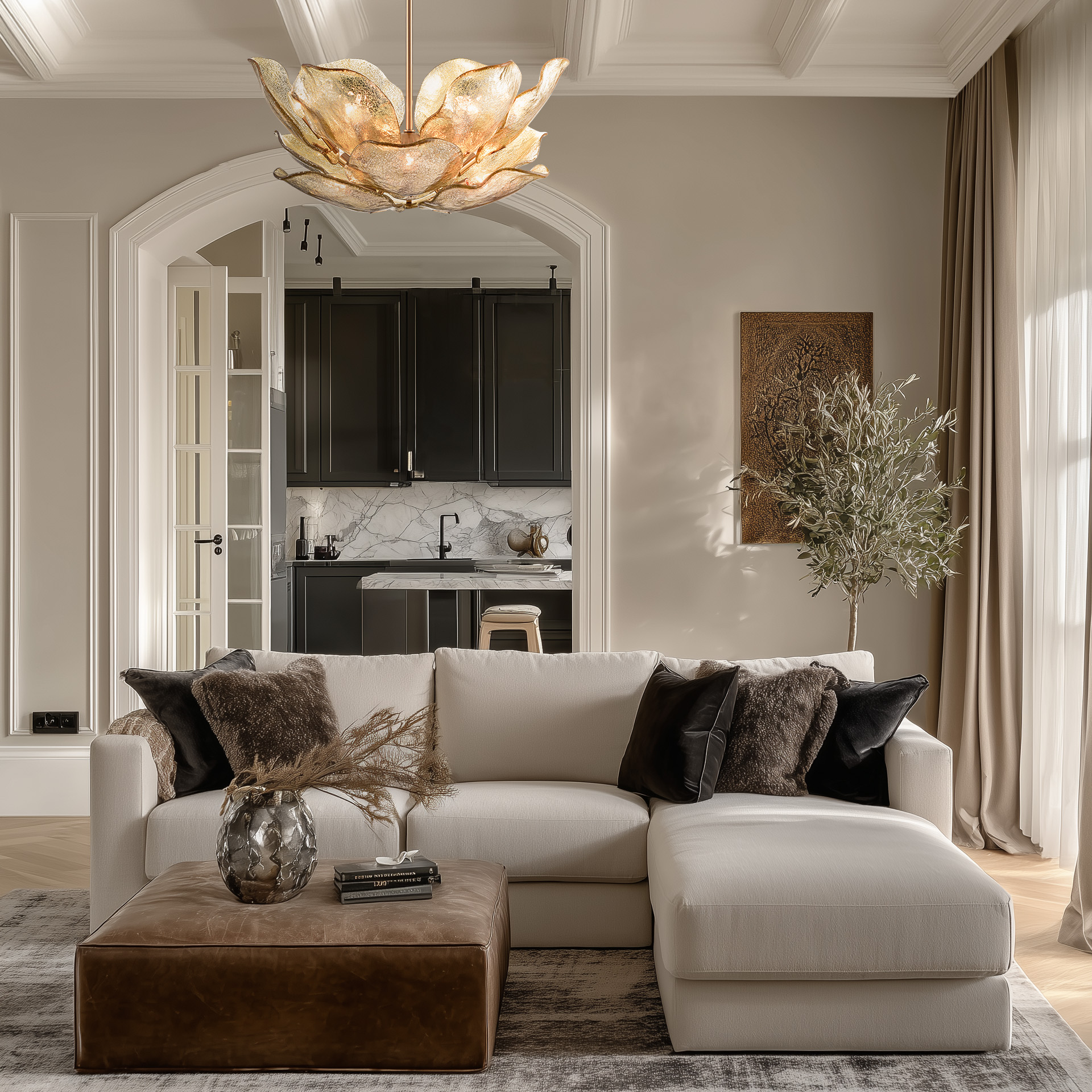 Suspension Wellington — Fleur en Verre Ambré par Cosmolight Suspension Wellington grande taille en situation dans une salle à manger