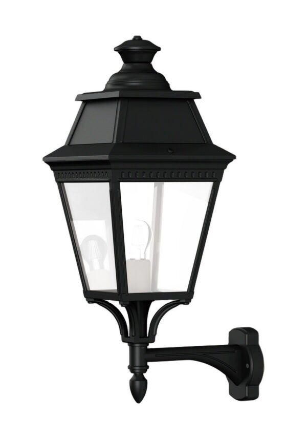 applique Avenue 3 version montante en aluminium noir foncé avec verre clair, rendu sur fond blanc