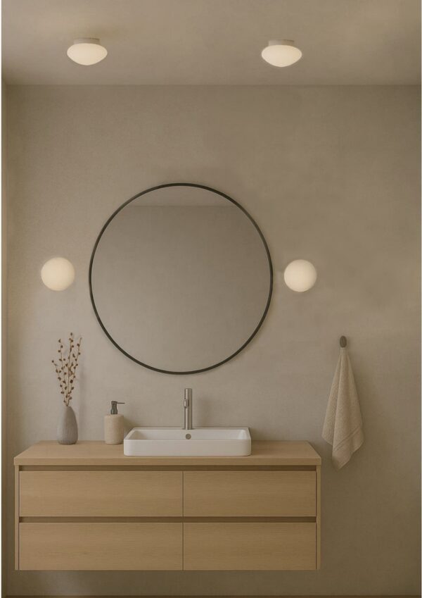 applique et plafonnier Mushroom Antidark en verre opale dans une salle de bain autour d'un miroir rond