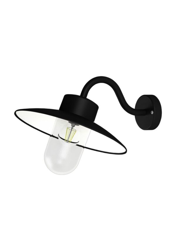 applique extérieure Belcour col de cygne en aluminium noir foncé avec verre clair, rendu sur fond blanc