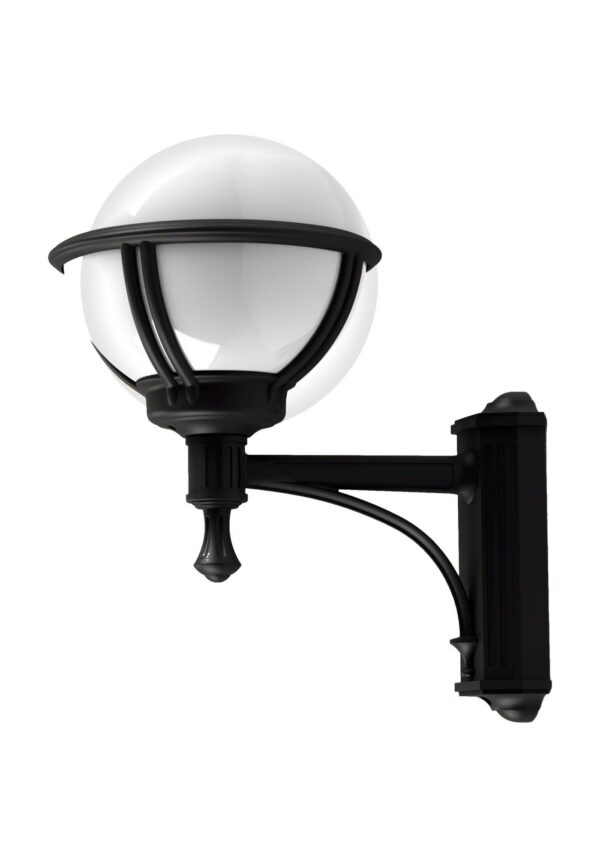 applique extérieure Boréal N° 3 montante en aluminium noir foncé avec globe opale, rendu sur fond blanc
