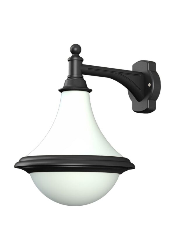 applique extérieure Dallas version descendante en aluminium noir foncé avec vasque opale, rendu sur fond blanc