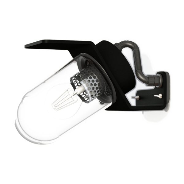 applique extérieure industrielle Sherlock modèle compact noir velours avec verre clair, rendu sur fond blanc