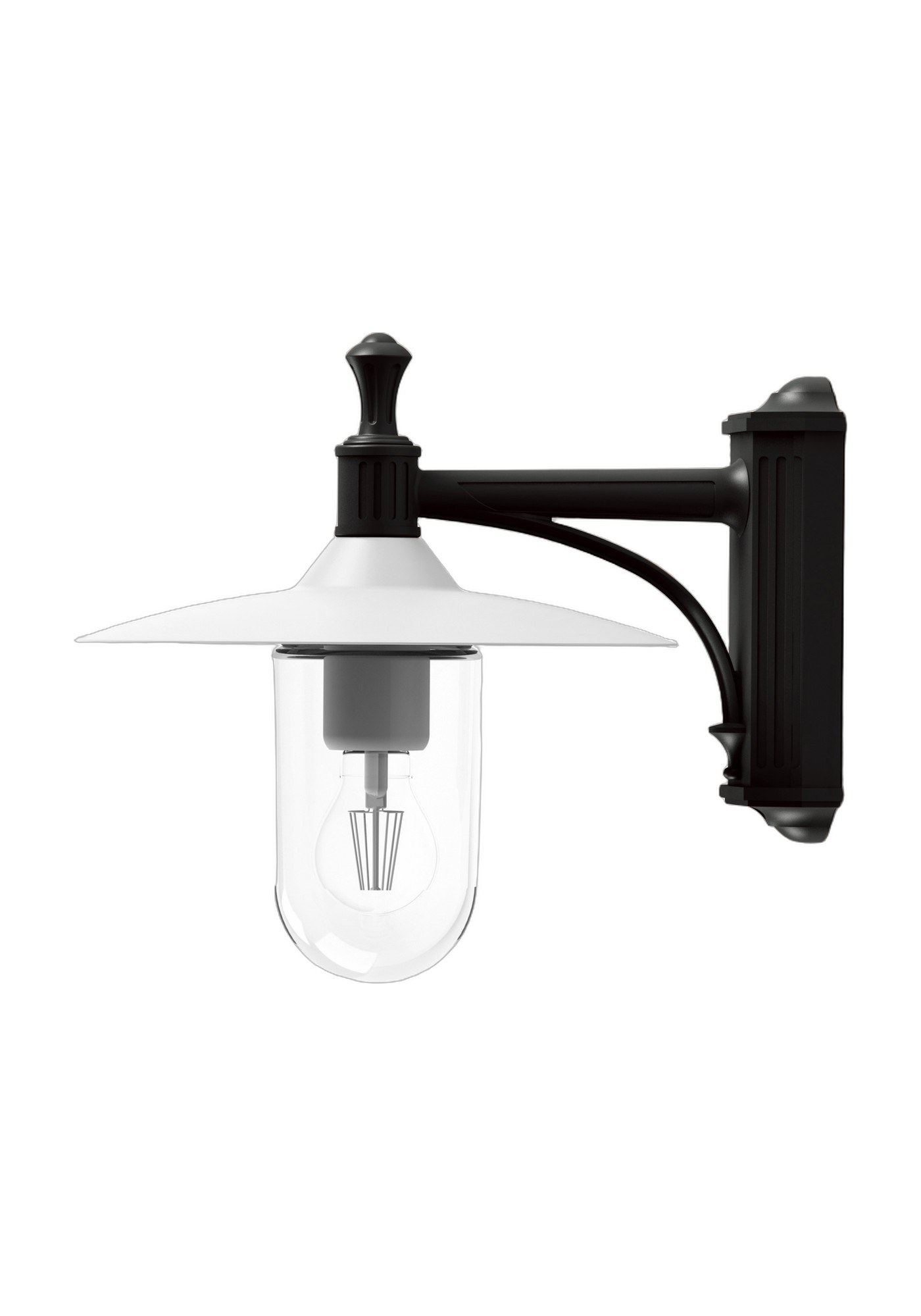 Applique extérieure Montana en aluminium par Roger Pradier applique extérieure Montana à console courbe gris noir avec dôme blanc et verre clair, rendu sur fond blanc