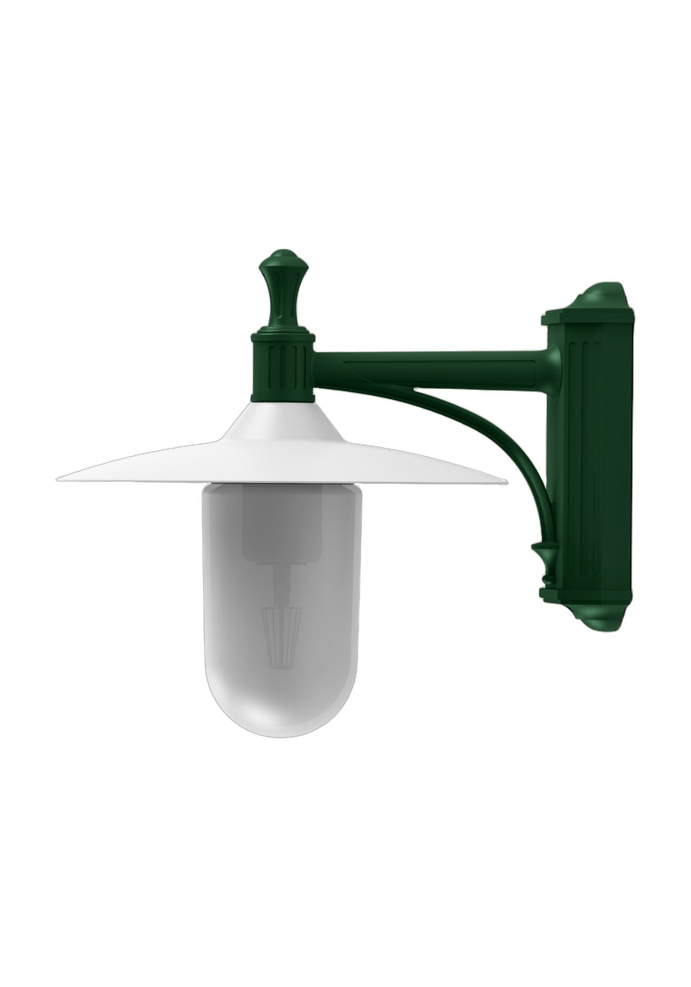 Applique extérieure Montana en aluminium par Roger Pradier applique extérieure Montana à console courbe vert anglais avec verre dépoli, rendu sur fond blanc