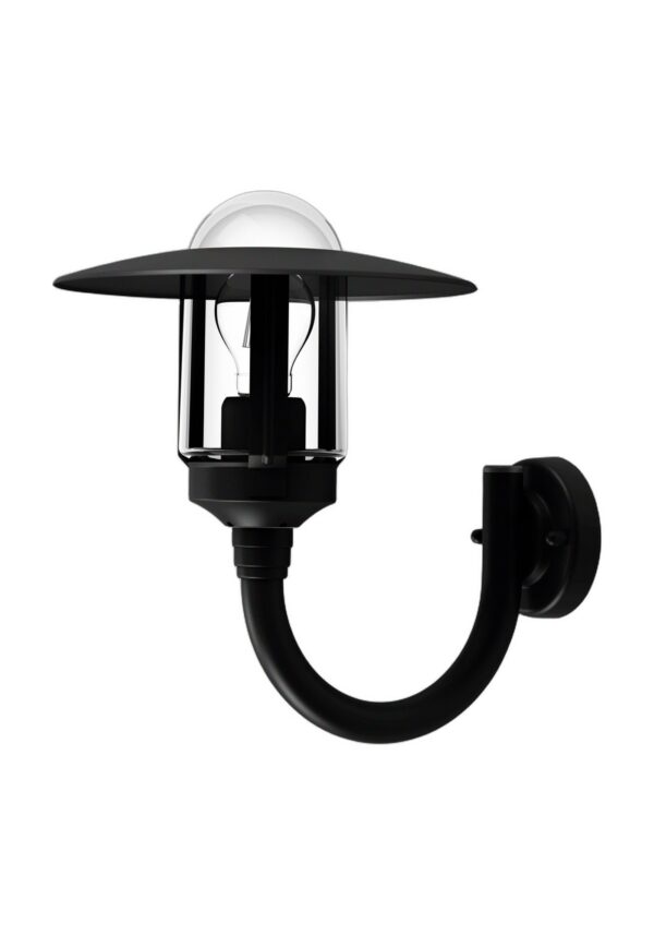 applique montante Newpark à bras courbe en aluminium noir foncé avec verre clair, rendu sur fond blanc