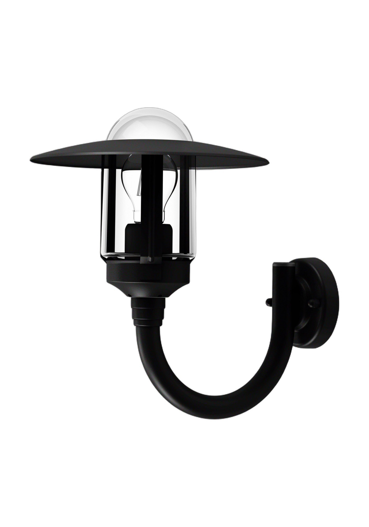 Applique montante Newpark par Roger Pradier en aluminium applique montante Newpark à bras courbe en aluminium noir foncé avec verre clair, rendu sur fond blanc