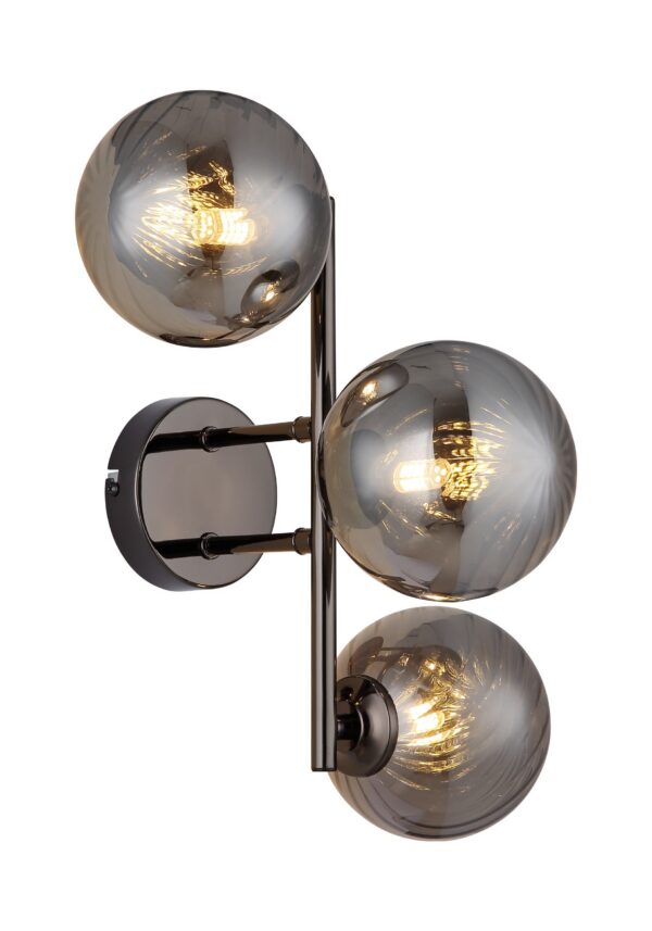 Lampe en verre : luminaires en verre soufflé, opalin et fumé applique murale 3 boules de verre, version fumé, trois boules sur barre gunmetal, fond blanc
