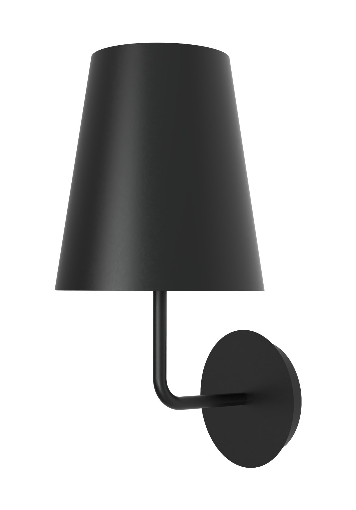 Applique murale Astra en aluminium par Robin Lamps applique murale Astra noir mat avec abat-jour conique et bras courbe, vue de face sur fond blanc