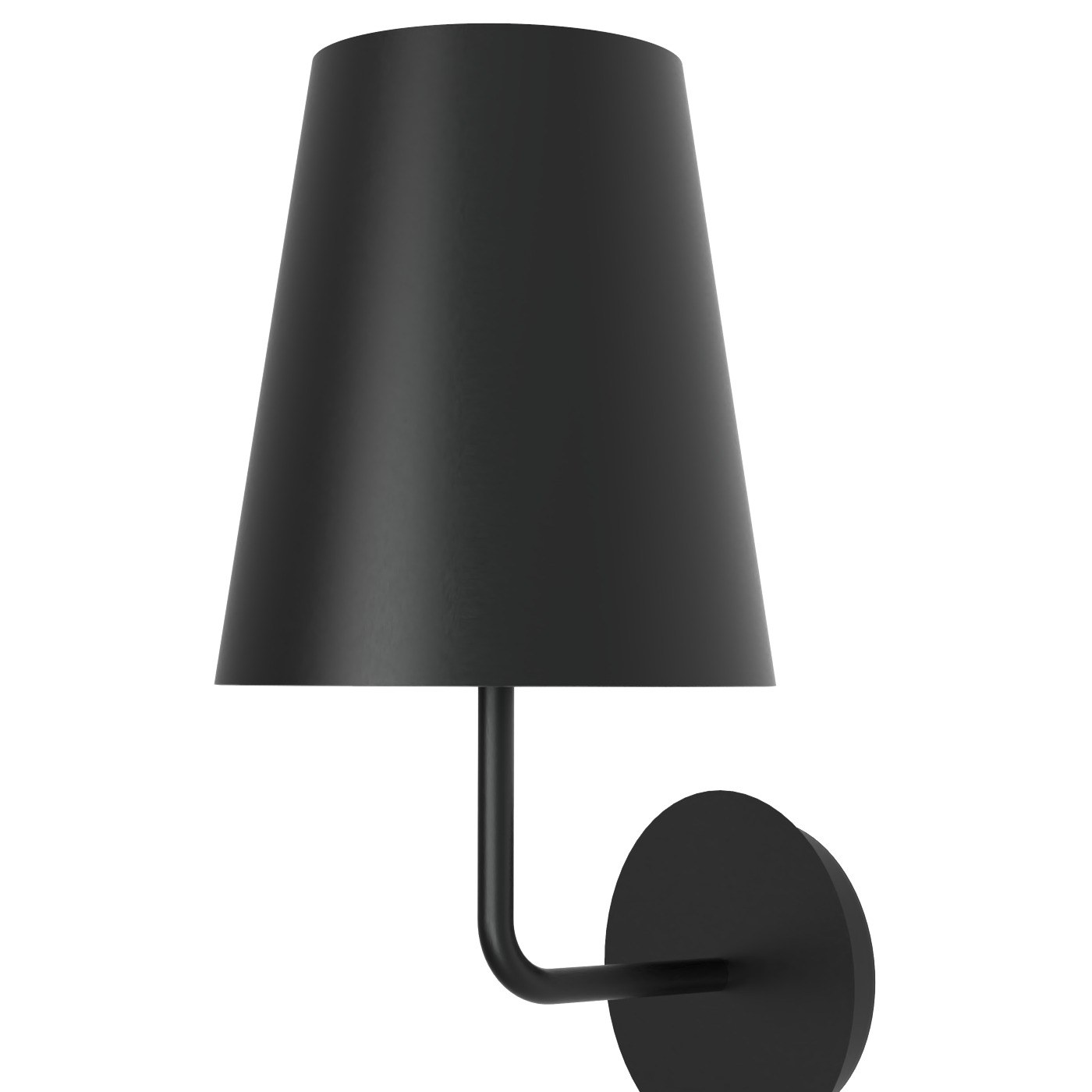 Applique murale Astra en aluminium par Robin Lamps applique murale Astra gros plan sur son abat-jour conique, son bras courbe et sa platine murale noire