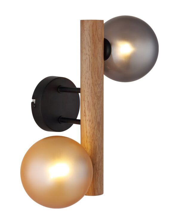 Lampe en bois : lampes à poser, lampadaires et luminaires applique murale bois boules de verre cylindre de bois, boule ambrée et boule fumée, vue allumée sur fond blanc