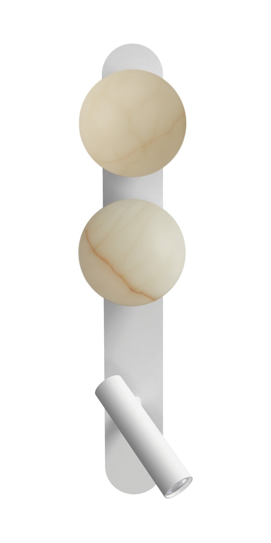 Applique murale Bubble en verre opale par Robin Lamps applique murale Bubble finition blanc mat, deux globes en albâtre et spot LED, fond blanc