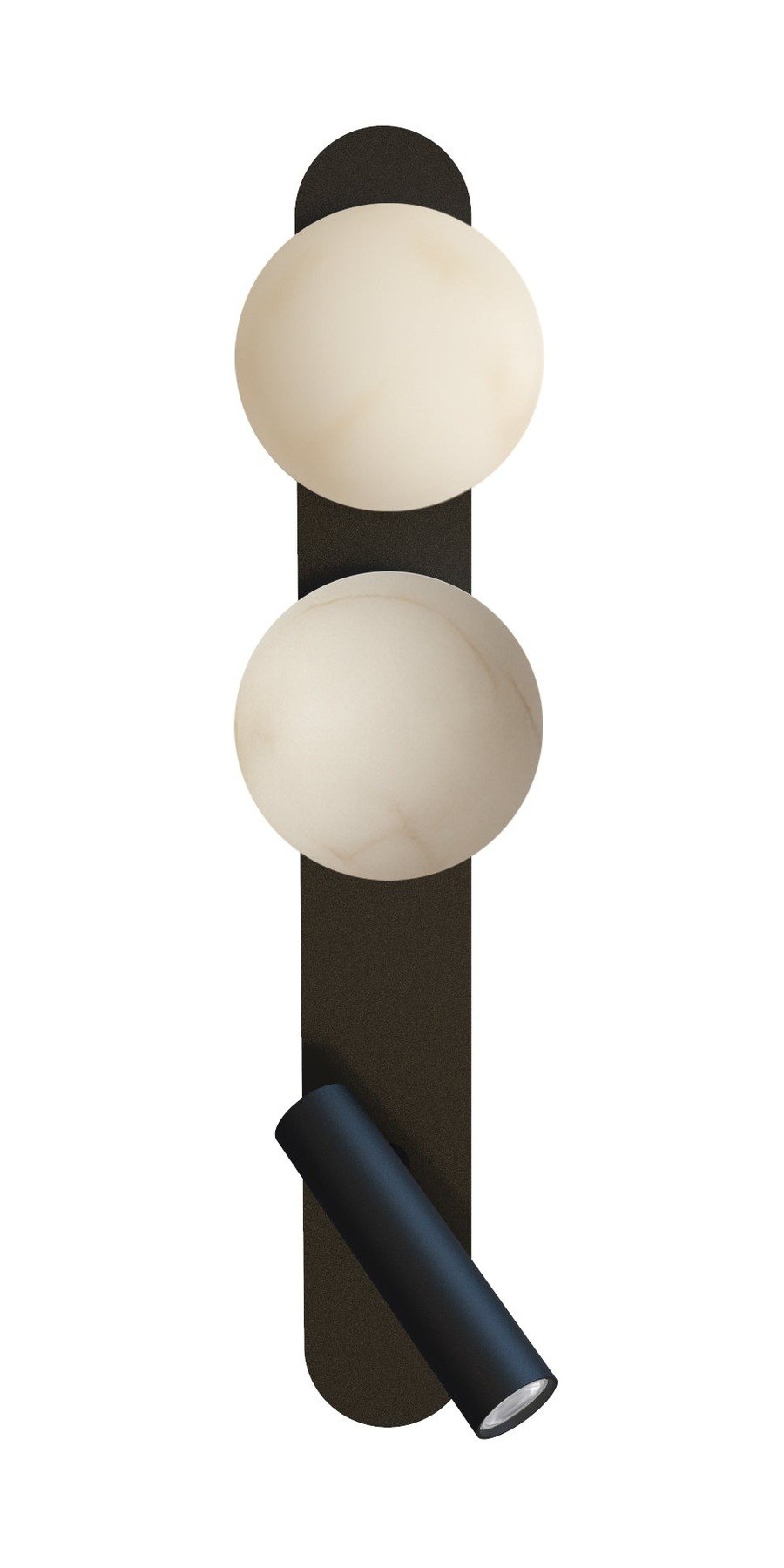 applique murale Bubble finition noir mat, deux globes en albâtre et spot LED orientable, fond blanc