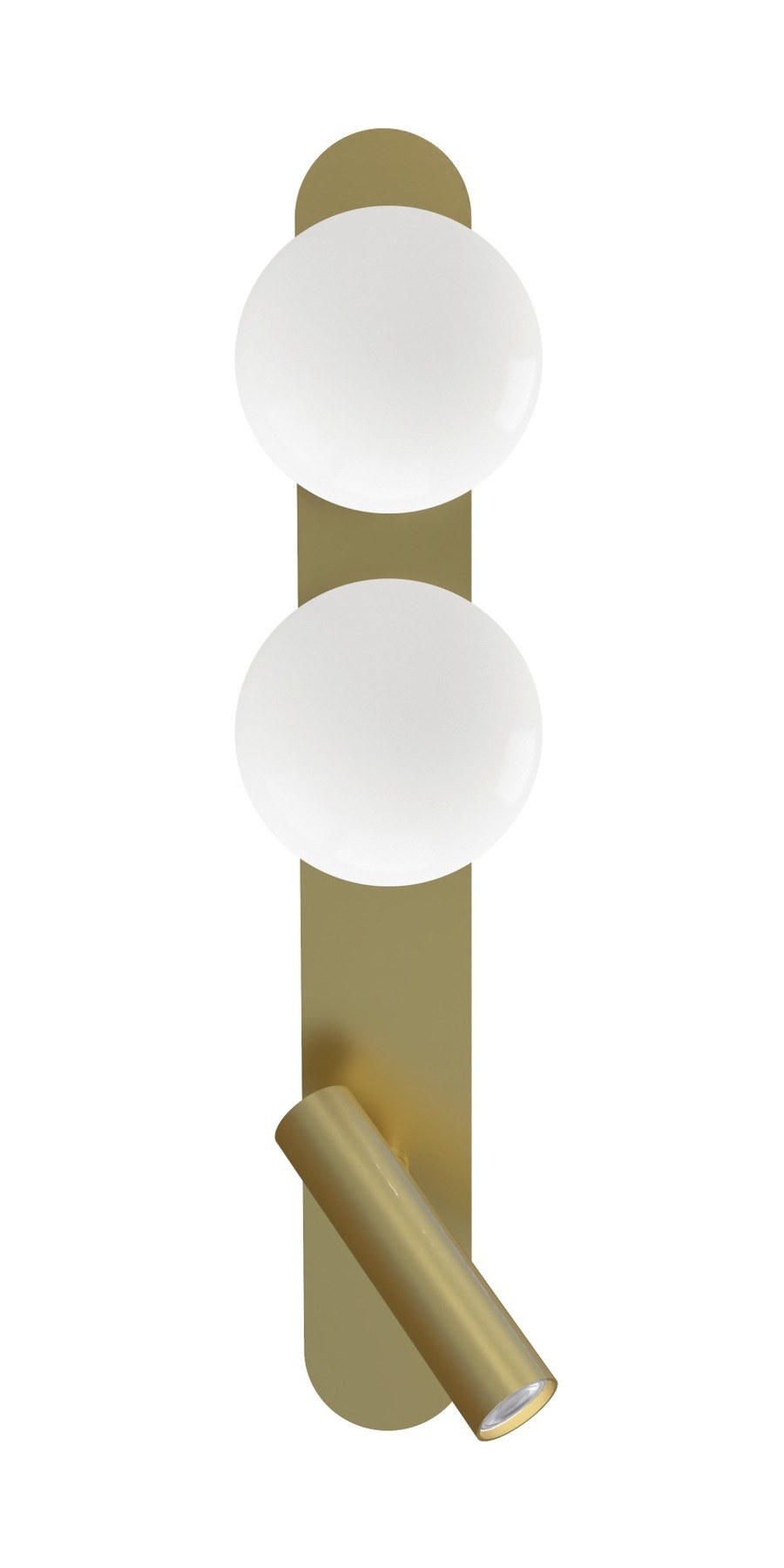 Applique murale Bubble en verre opale par Robin Lamps applique murale Bubble finition or, deux globes en verre opale et spot LED, fond blanc