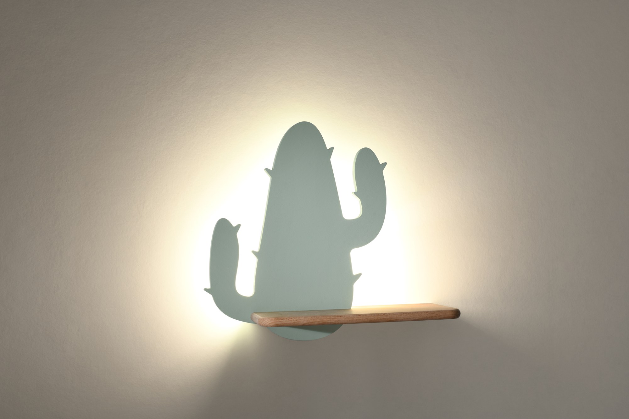 Applique murale cactus enfant en bois avec tablette, LED applique murale cactus enfant cactus vert allumé avec halo lumineux
