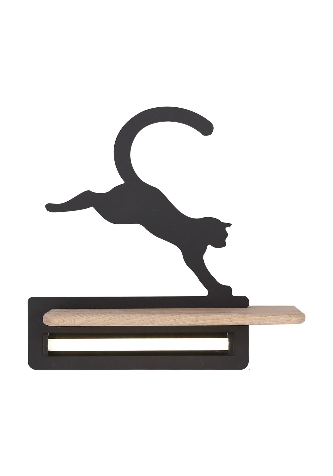 Applique murale chat enfant en bois avec tablette, LED applique murale chat enfant chat bondissant noir sans câble sur fond blanc