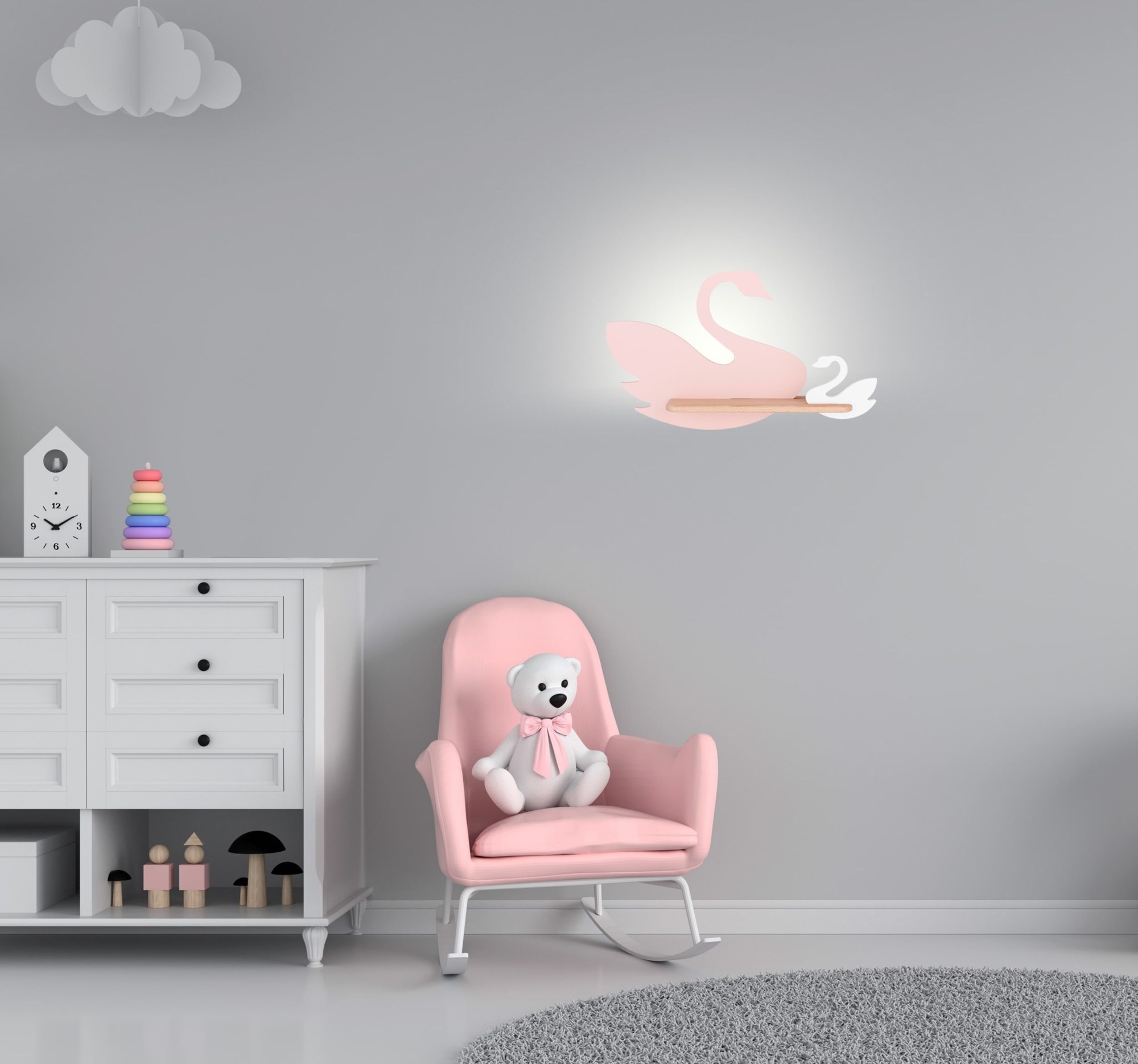 Applique murale cygne rose et blanc en bois avec tablette applique murale cygne rose dans une chambre d enfant