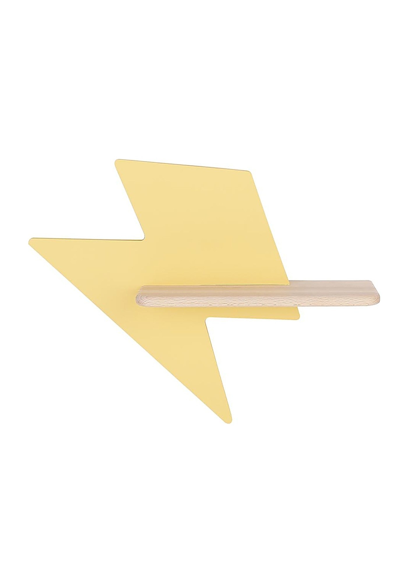 Applique murale éclair en bois pour chambre d'enfant, lumière LED applique murale éclair enfant jaune avec tablette en hêtre sur fond blanc