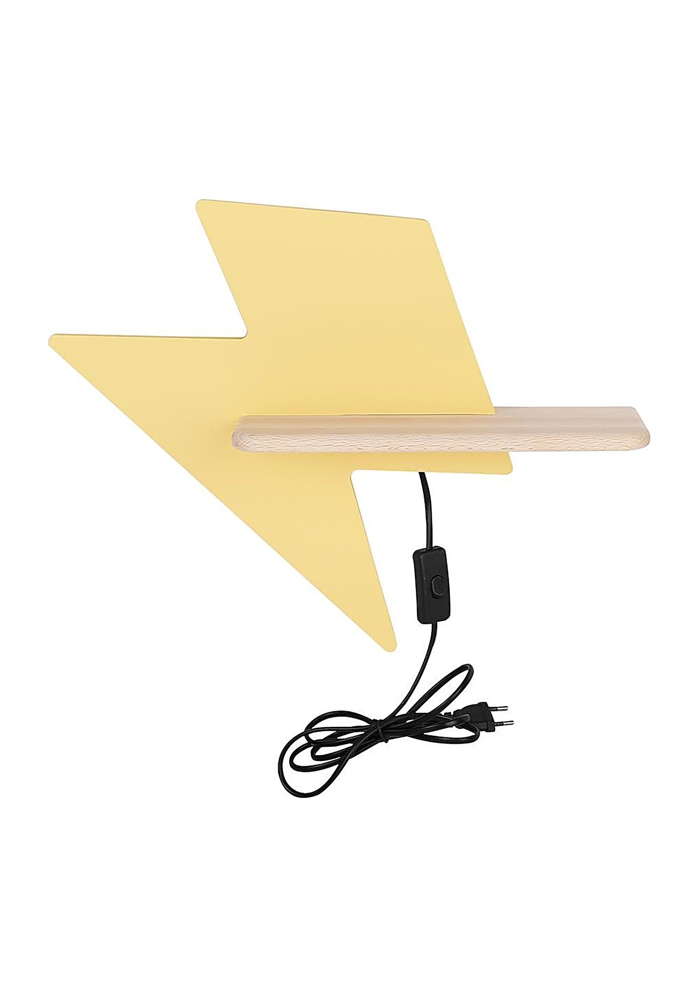 Applique murale éclair en bois pour chambre d'enfant, lumière LED applique murale éclair enfant jaune pâle avec câble fond blanc