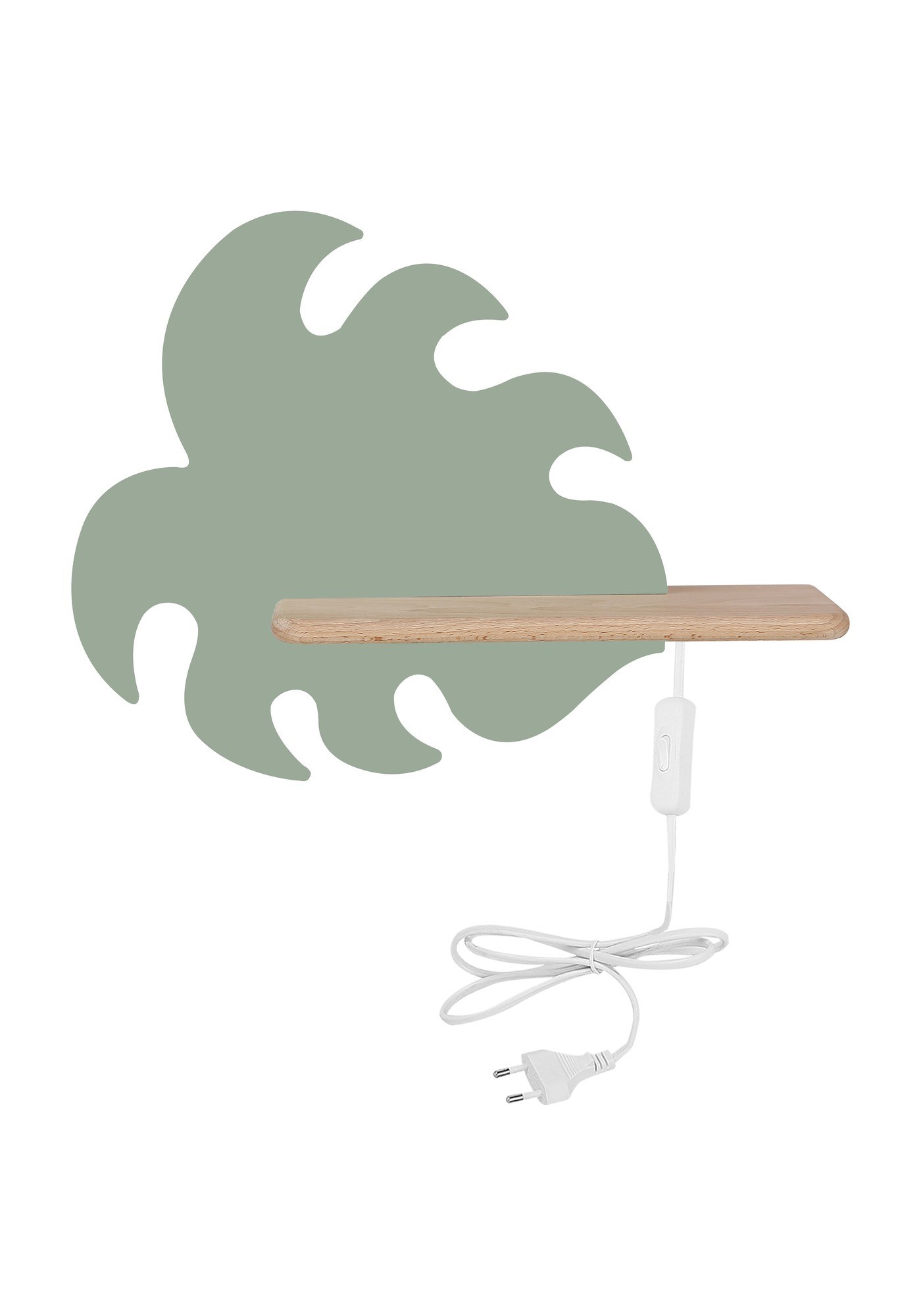 Applique murale feuille tropicale en bois pour chambre d'enfant, LED applique murale feuille enfant vert sauge avec câble fond blanc