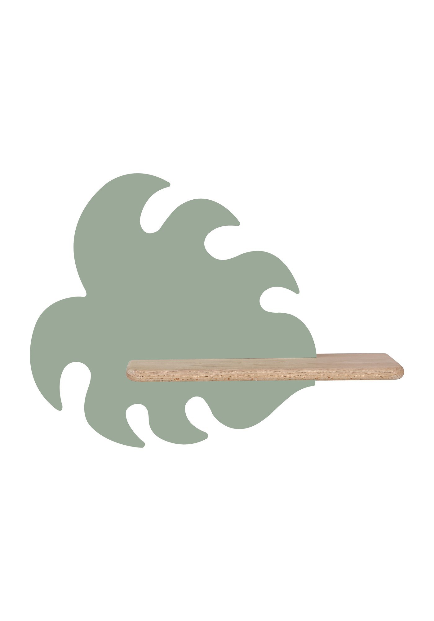 Applique murale feuille tropicale en bois pour chambre d'enfant, LED applique murale feuille enfant vert sauge avec tablette en hêtre sur fond blanc