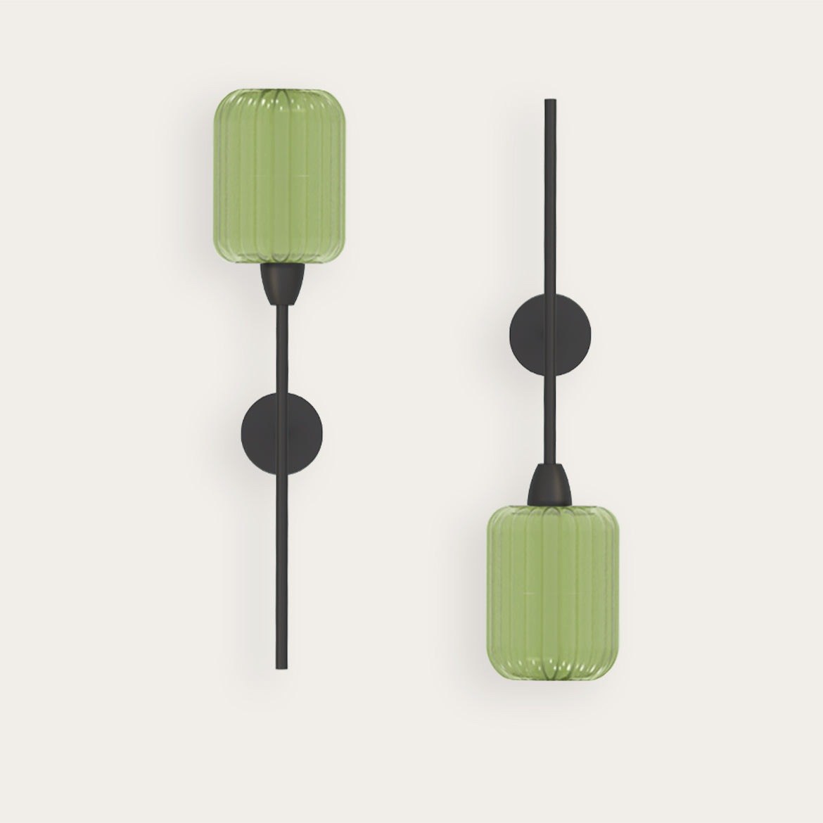 Applique murale Greenberry en verre soufflé vert par Robin Lamps applique murale Greenberry avec plaque murale ronde et tige noire, vue en ambiance sur fond beige