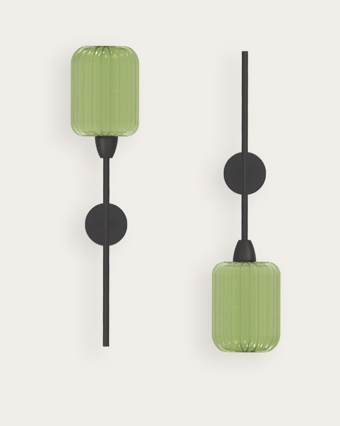 Applique murale Greenberry en verre soufflé vert par Robin Lamps applique murale Greenberry en verre vert cannelé, deux appliques en vue en ambiance sur fond beige
