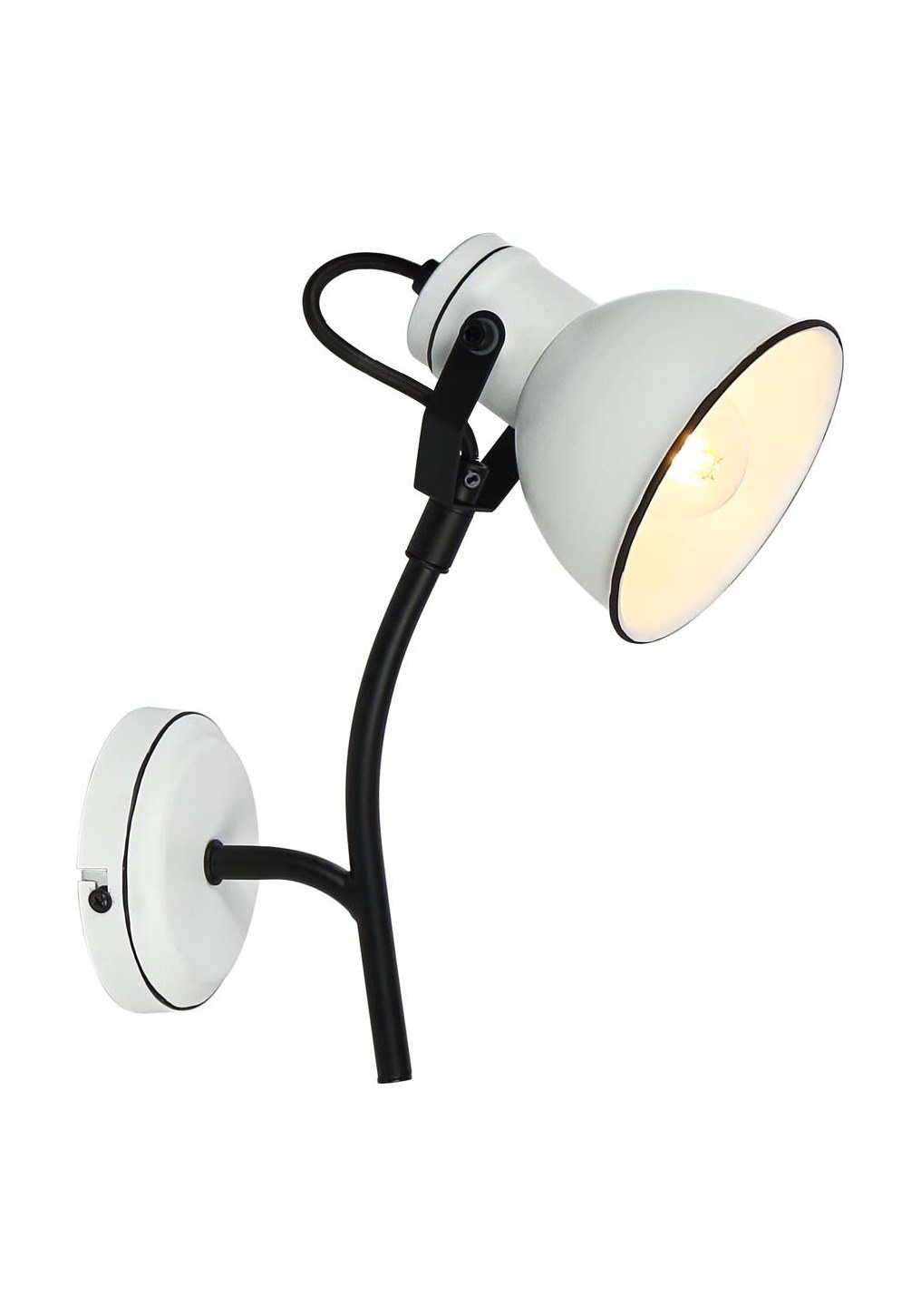 Applique murale industrielle blanche, spot ou bras, E14 applique murale industrielle blanche sur bras noir courbe, fond blanc