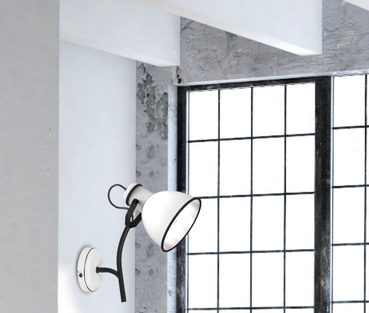 Applique murale industrielle blanche, spot ou bras, E14 applique murale industrielle blanche sur bras noir, mur clair et grande fenêtre