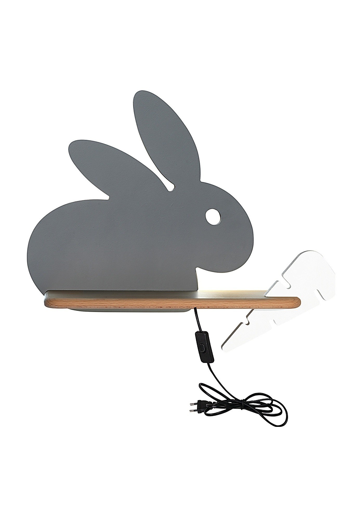 Applique murale lapin en bois pour chambre d'enfant, lumière LED applique murale lapin enfant gris avec carotte blanche avec câble fond blanc