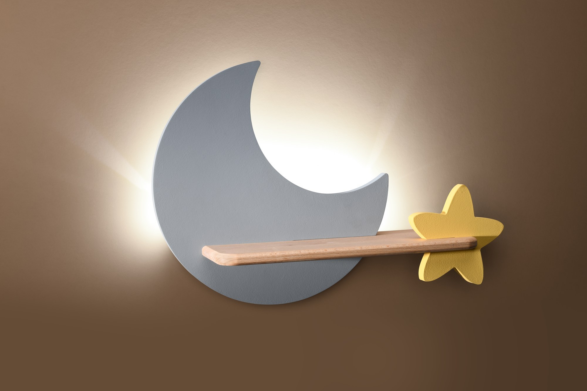 Applique murale lune et étoile en bois pour chambre d'enfant, LED applique murale lune enfant grise et étoile jaune éclairée