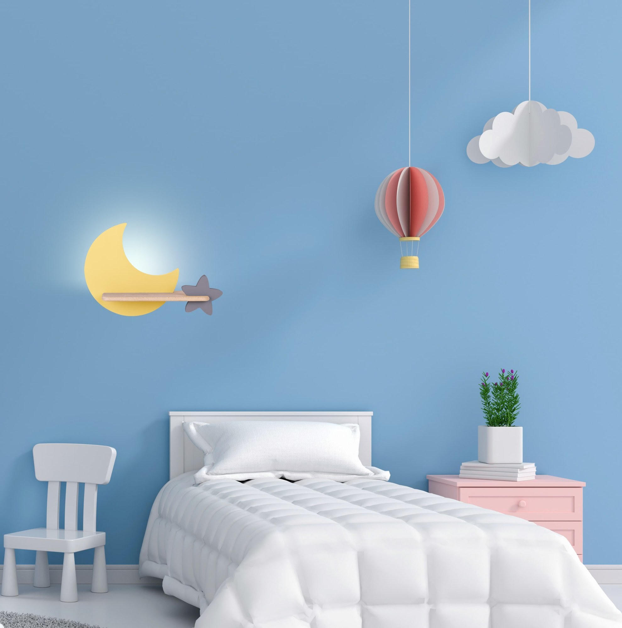 Applique murale lune et étoile en bois pour chambre d'enfant, LED applique murale lune enfant jaune et étoile grise dans une chambre d enfant bleue