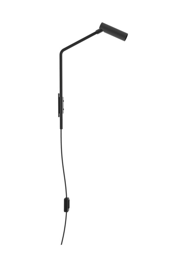 applique murale Nivia noir mat avec bras fin et spot LED, vue de face sur fond blanc