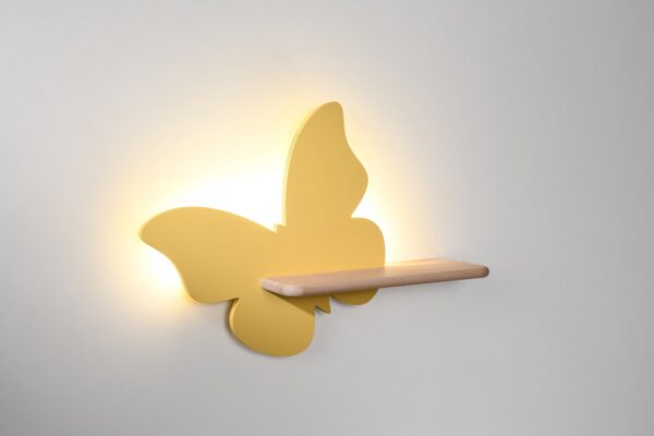 applique murale papillon enfant papillon jaune allumé avec halo lumineux