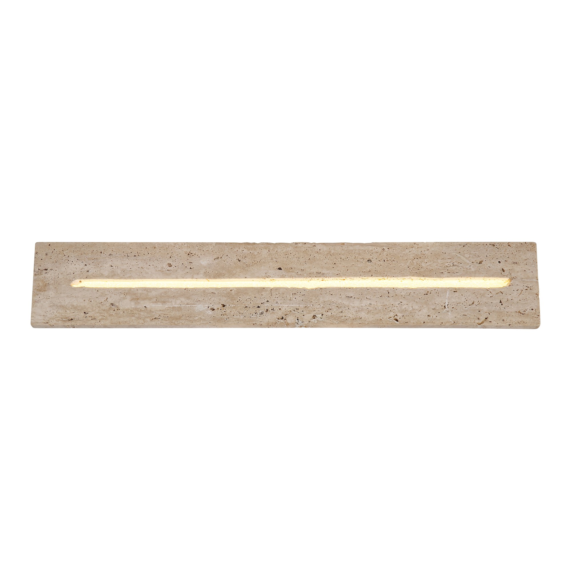 Applique murale pierre de travertin, barre horizontale 40 ou 60 cm applique murale pierre travertin 60 cm, vue de face de la plaque de pierre et de la fente lumineuse